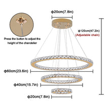 Load image into Gallery viewer, Gold Crystal Pendant Light Ring Chandelier LED Dimmable with Remote (60+40+20cm)