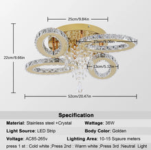 Load image into Gallery viewer, LED Ceiling Light Crystal Chandelier Gold Lamp 3 Color Lights Changeable 52cm