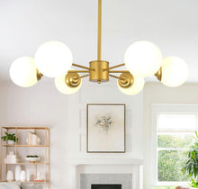 Load image into Gallery viewer, Modern Gold Chandelier Frosted White Globe Shade E27 Metal Ceiling Light 72cm Semi Flush Mount