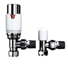 Load image into Gallery viewer, Thermostatic and Manual Control Corner Towel Radiator Valves15mm Pair Chrome
