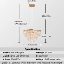 Load image into Gallery viewer, Crystal Pendant Light Gold Ceiling Lamp LED Chandelier 40W 3 Color Lights
